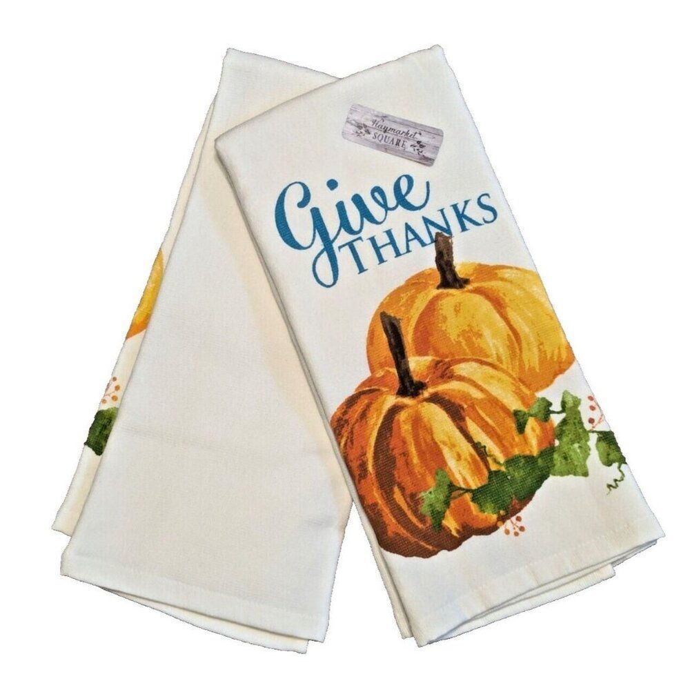 Haymarket Square GIVE THANKS Kitchen Towels 2-pc Harvest Pumpkin Autumn Holiday